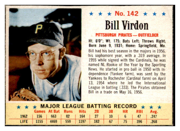 1963 Post Baseball #142 Bill Virdon Pirates EX 445561