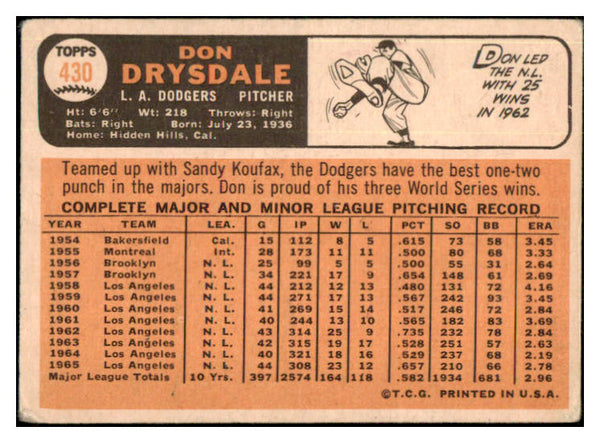 1966 Topps Baseball #430 Don Drysdale Dodgers VG 447596