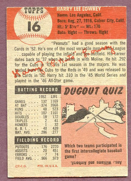 1953 Topps Baseball #016 Peanuts Lowrey Cardinals EX-MT 448201