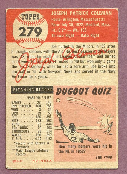 1953 Topps Baseball #279 Joe Coleman A's VG 448373