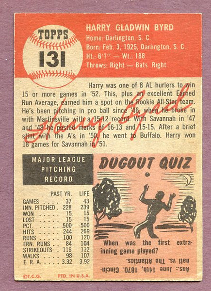 1953 Topps Baseball #131 Harry Byrd A's EX 448434