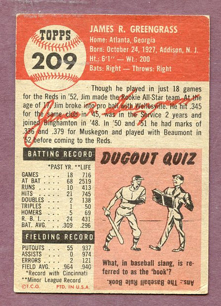 1953 Topps Baseball #209 Jim Greengrass Reds EX 448473