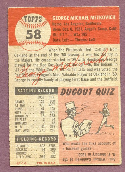1953 Topps Baseball #058 George Metkovich Pirates EX 448502
