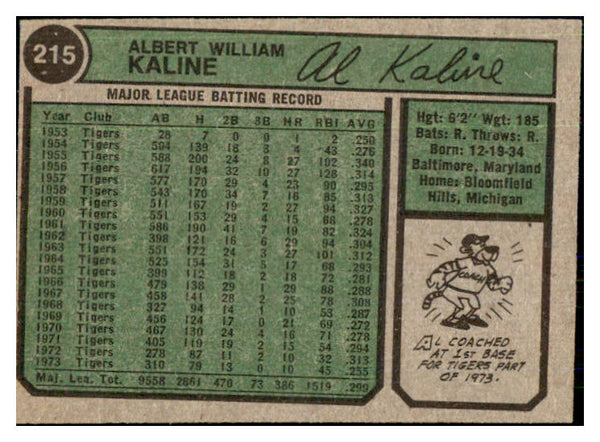 1974 Topps Baseball #215 Al Kaline Tigers VG 448988
