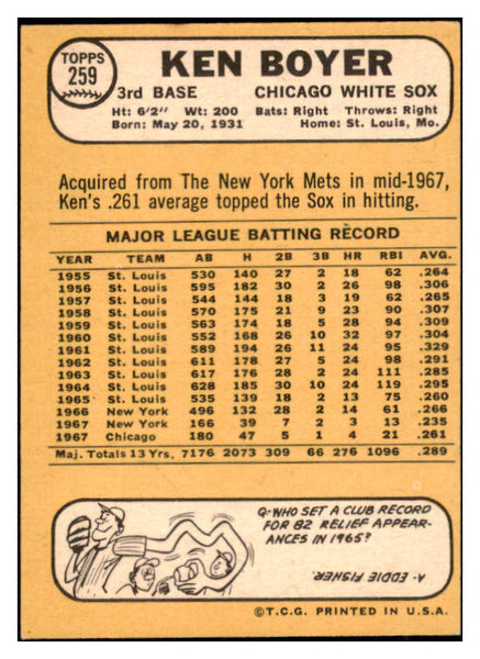 1968 Topps Baseball #259 Ken Boyer White Sox EX-MT 449313