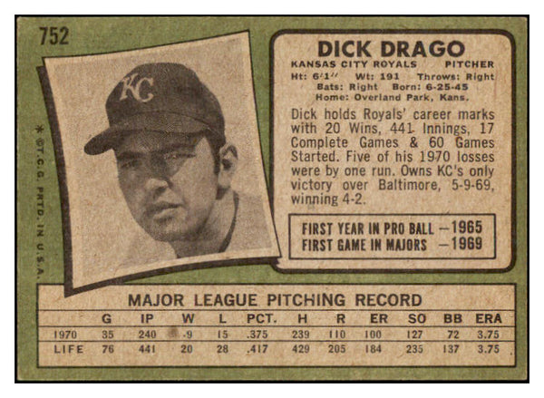 1971 Topps Baseball #752 Dick Drago Royals EX 449492