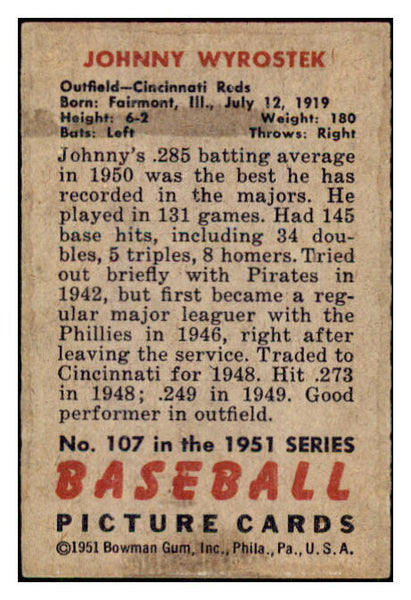 1951 Bowman Baseball #107 Johnny Wyrostek Reds EX 449860