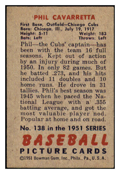 1951 Bowman Baseball #138 Phil Cavarretta Cubs EX 449861