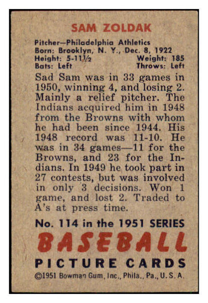1951 Bowman Baseball #114 Sam Zoldak A's VG-EX 449870