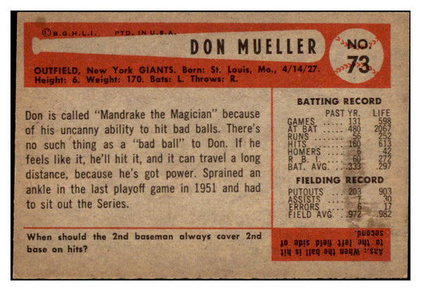 1954 Bowman Baseball #073 Don Mueller Giants NR-MT 449984
