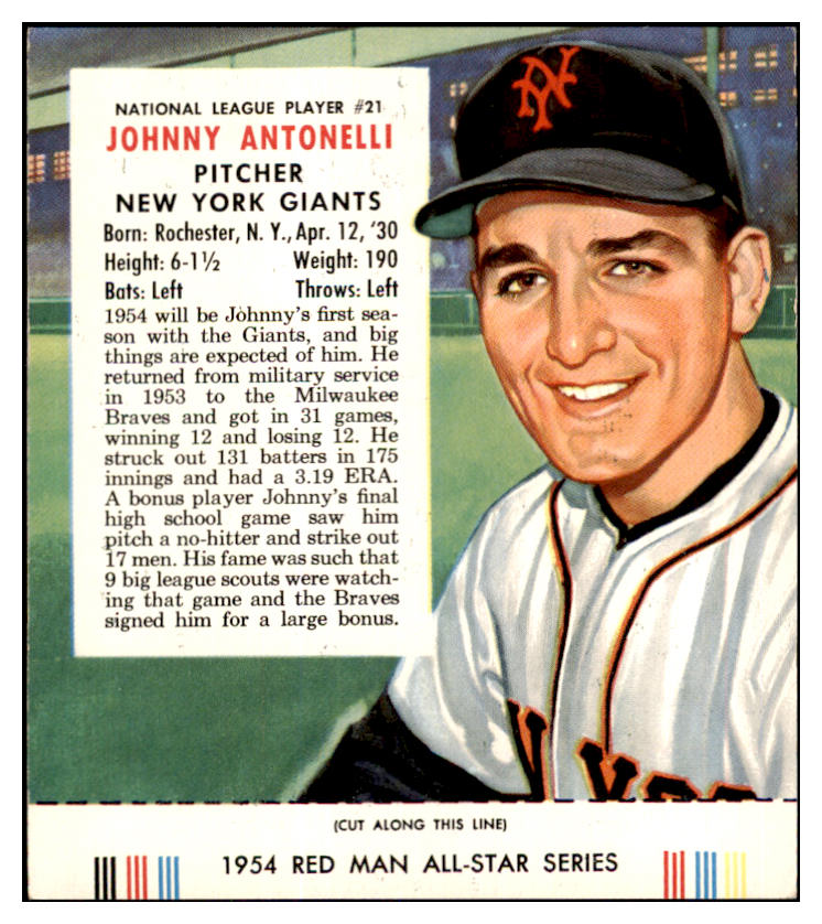 1954 Red Man #021NL Johnny Antonelli Giants EX-MT w/Tab 450382