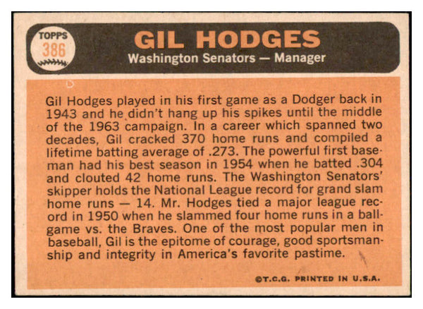 1966 Topps Baseball #386 Gil Hodges Senators EX-MT 450534