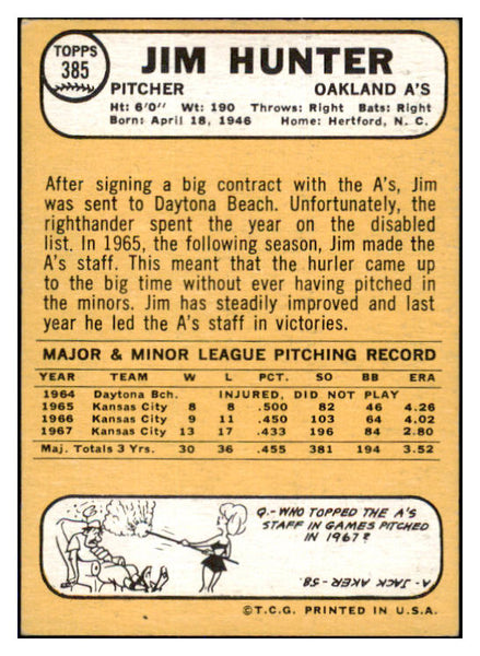 1968 Topps Baseball #385 Catfish Hunter A's EX-MT 450618