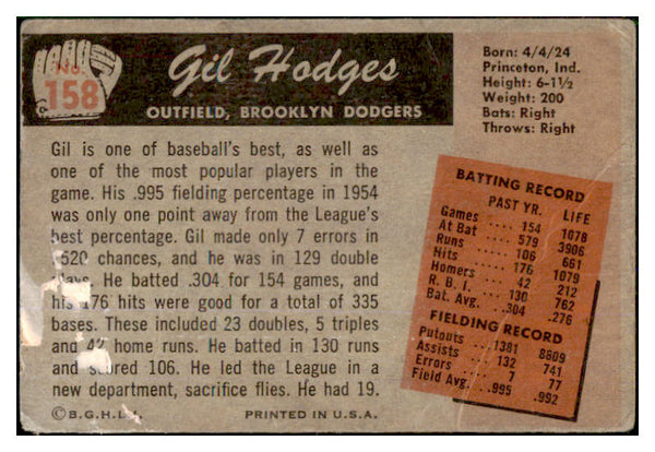 1955 Bowman Baseball #158 Gil Hodges Dodgers Fair 450764