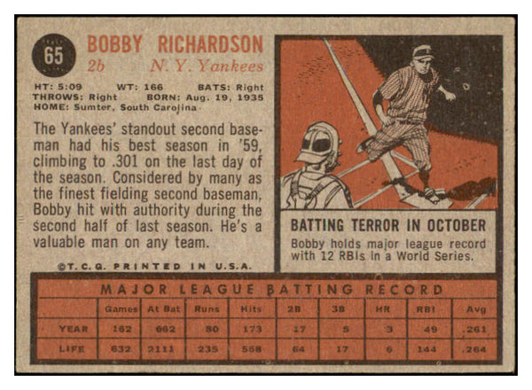 1962 Topps Baseball #065 Bobby Richardson Yankees NR-MT 450936
