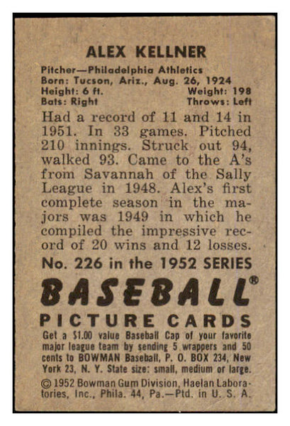 1952 Bowman Baseball #226 Alex Kellner A's VG-EX 452151