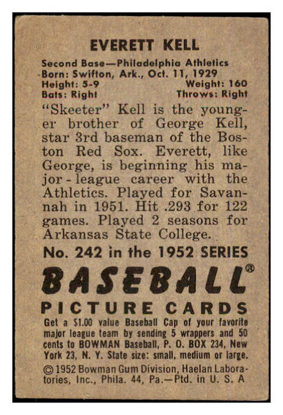1952 Bowman Baseball #242 Everett Kell A's EX 452161
