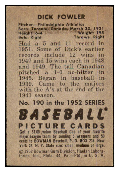 1952 Bowman Baseball #190 Dick Fowler A's EX-MT 452174