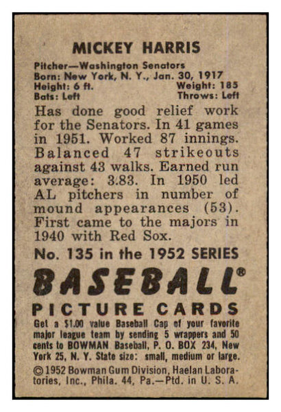 1952 Bowman Baseball #135 Mickey Harris Senators EX-MT 452188