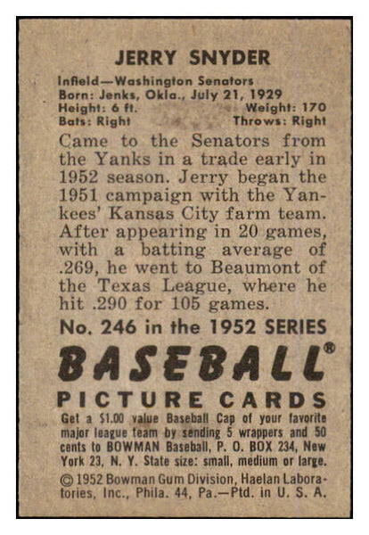 1952 Bowman Baseball #246 Jerry Snyder Senators NR-MT 452232