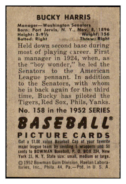 1952 Bowman Baseball #158 Bucky Harris Senators NR-MT 452245