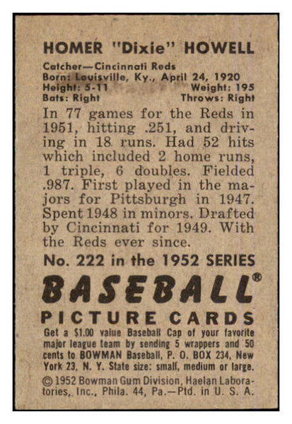 1952 Bowman Baseball #222 Dixie Howell Reds EX-MT 452272