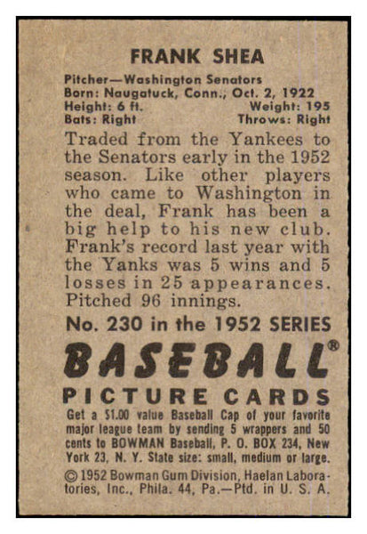1952 Bowman Baseball #230 Frank Shea Senators EX-MT 452277