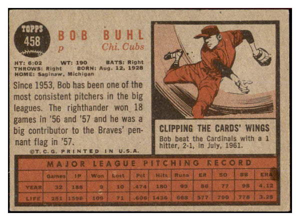 1962 Topps Baseball #458 Bob Buhl Cubs EX No Emblem 452667
