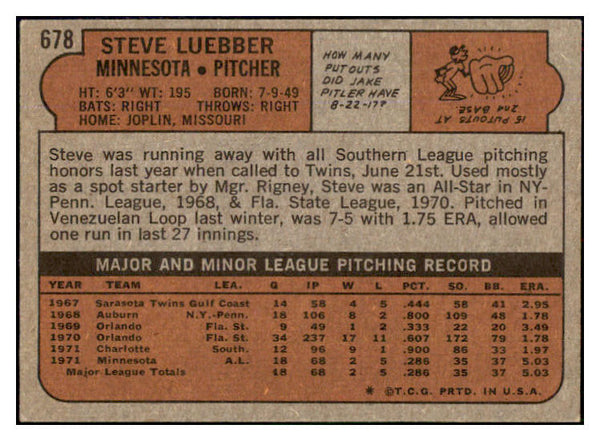 1972 Topps Baseball #678 Steve Luebber Twins EX-MT 452863
