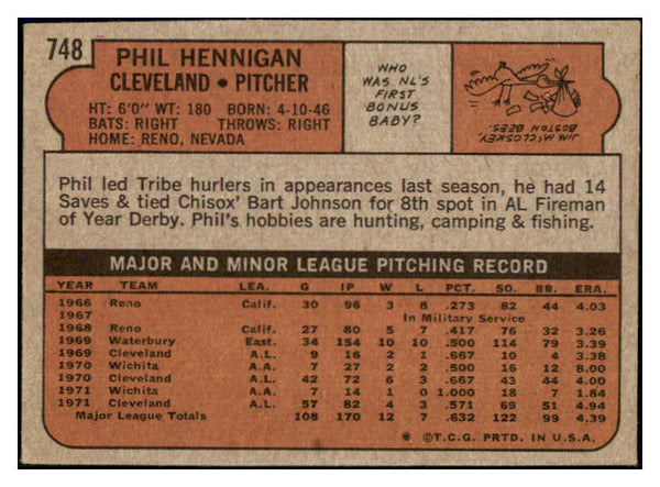 1972 Topps Baseball #748 Phil Hennigan Indians NR-MT 452919