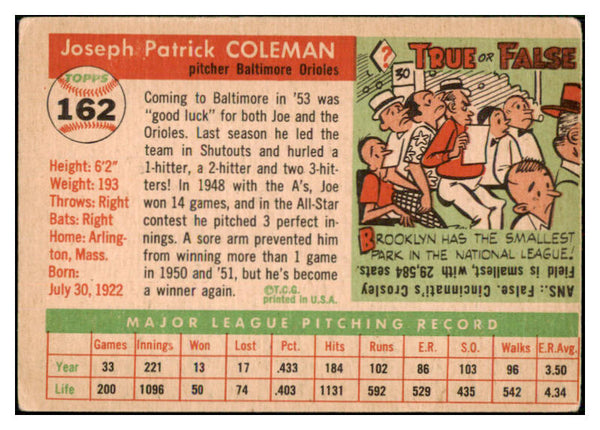 1955 Topps Baseball #162 Joe Coleman Orioles VG 453233