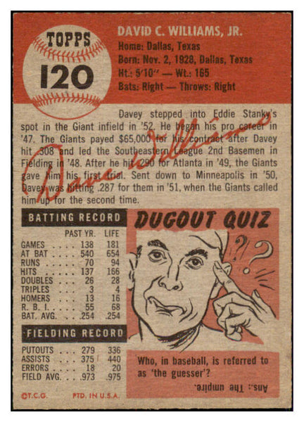 1953 Topps Baseball #120 Davey Williams Giants EX-MT 453290