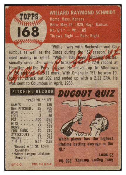 1953 Topps Baseball #168 Willard Schmidt Cardinals GD-VG 453381