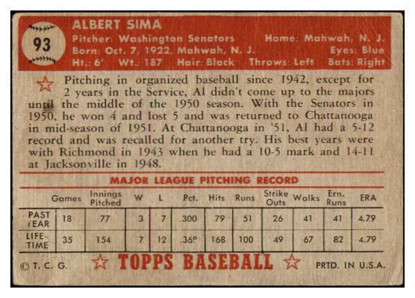 1952 Topps Baseball #093 Al Sima Senators VG 453532
