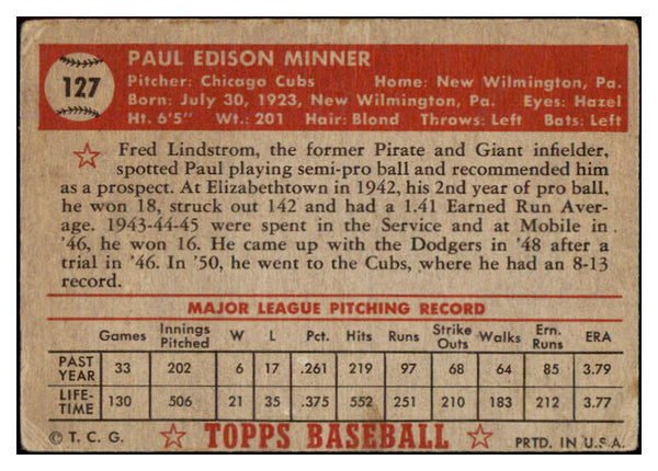 1952 Topps Baseball #127 Paul Minner Cubs GD-VG 453573