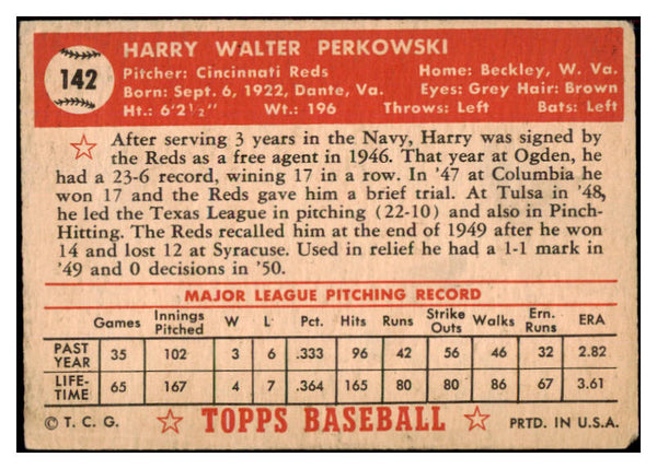 1952 Topps Baseball #142 Harry Perkowski Reds GD-VG 453576