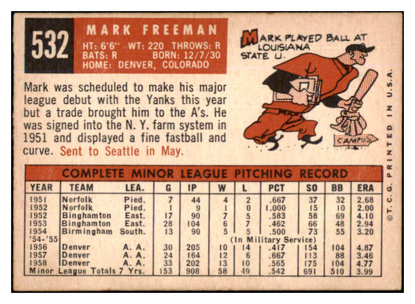 1959 Topps Baseball #532 Mark Freeman A's EX 454483