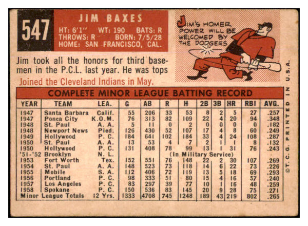 1959 Topps Baseball #547 Jim Baxes Dodgers VG-EX 454521