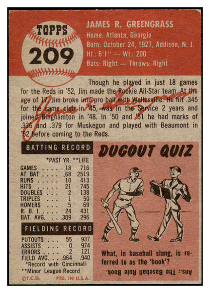 1953 Topps Baseball #209 Jim Greengrass Reds EX-MT 455648