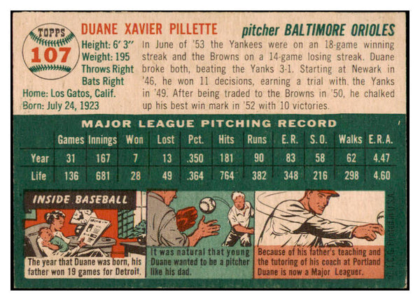 1954 Topps Baseball #107 Duane Pillette Orioles EX-MT 455964