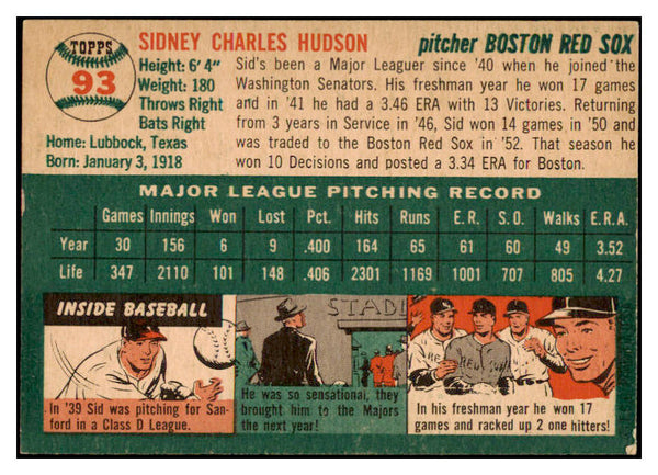 1954 Topps Baseball #093 Sid Hudson Red Sox EX-MT 455983