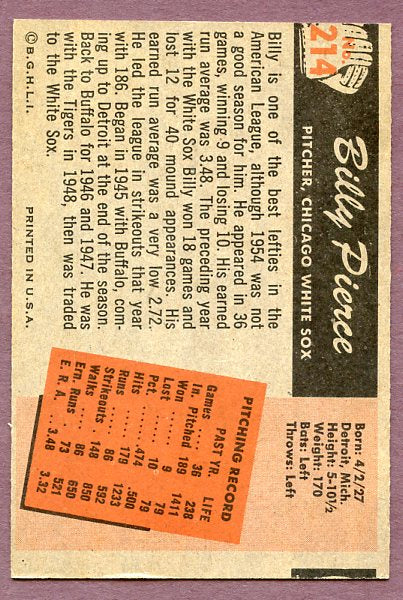 1955 Bowman Baseball #214 Billy Pierce White Sox EX-MT 456977