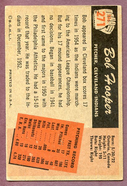 1955 Bowman Baseball #271 Bob Hooper Indians EX 457514