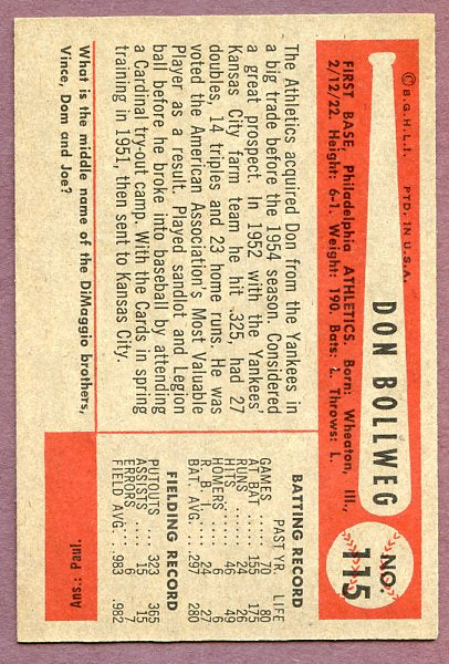 1954 Bowman Baseball #115 Don Bollweg A's NR-MT 457694