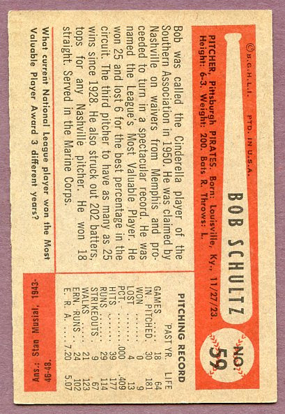 1954 Bowman Baseball #059 Bob Schultz Pirates NR-MT 457714