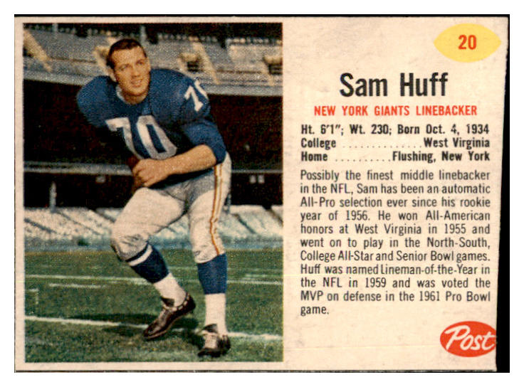 1962 Post Football #020 Sam Huff Giants EX-MT 457901