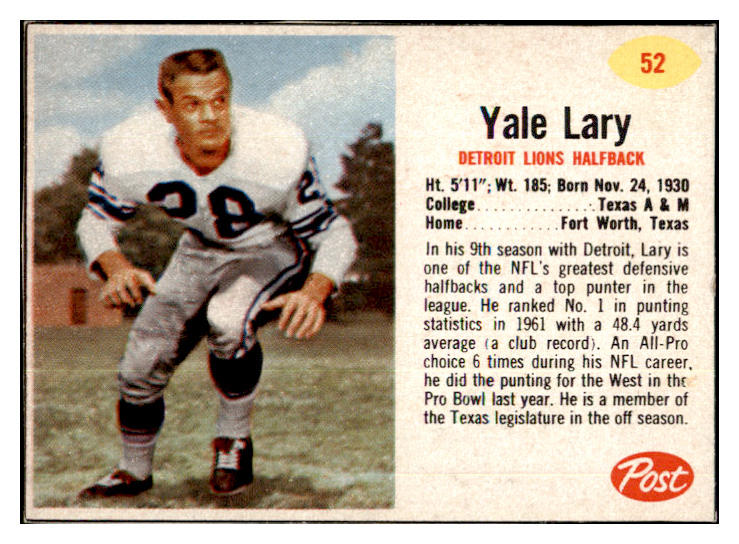 1962 Post Football #052 Yale Lary Lions EX-MT 457908