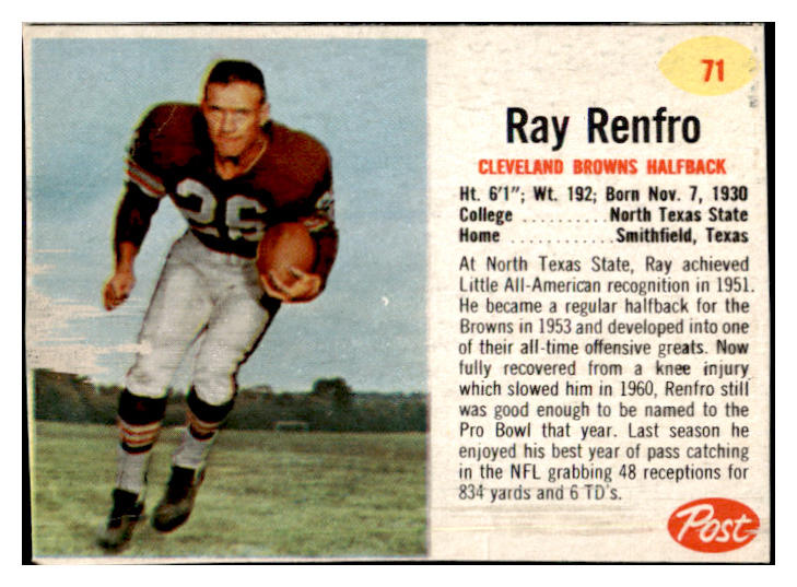 1962 Post Football #071 Ray Renfro Browns VG 457914