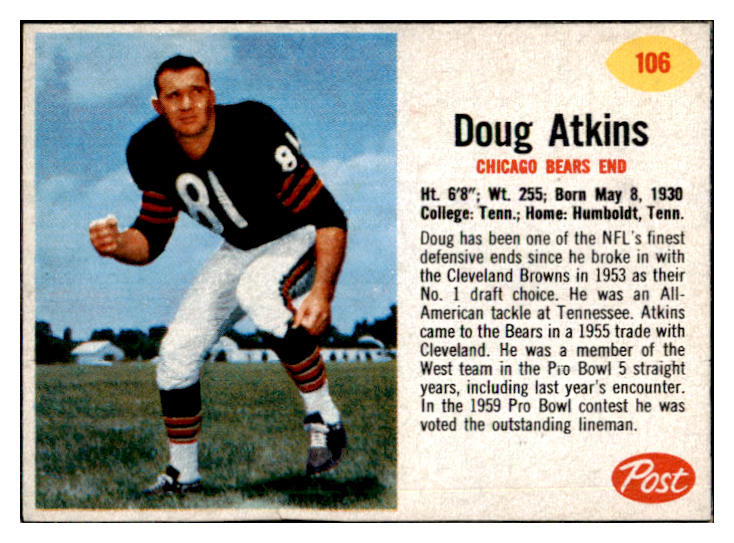 1962 Post Football #106 Doug Atkins Bears NR-MT 457920