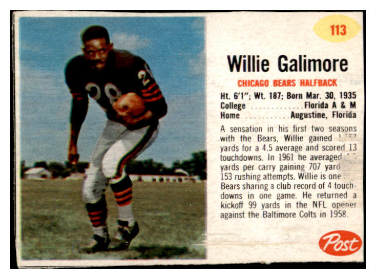 1962 Post Football #113 Willie Galimore Bears VG 457922